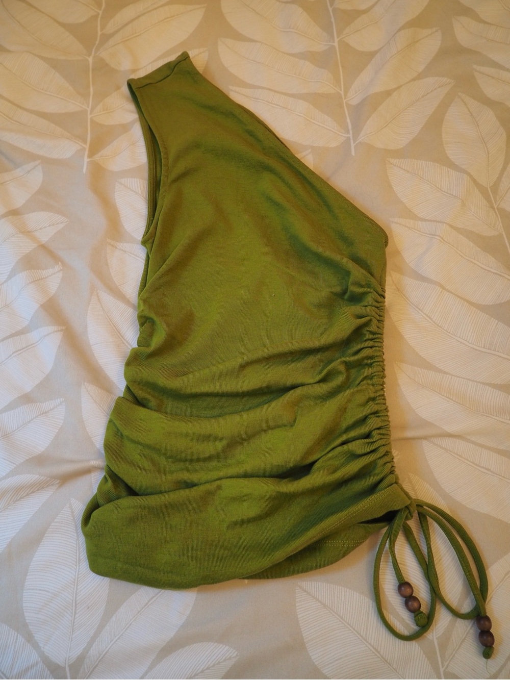 One-Shoulder Olive Green Ruched Tank Top With Wooden Beaded Strings